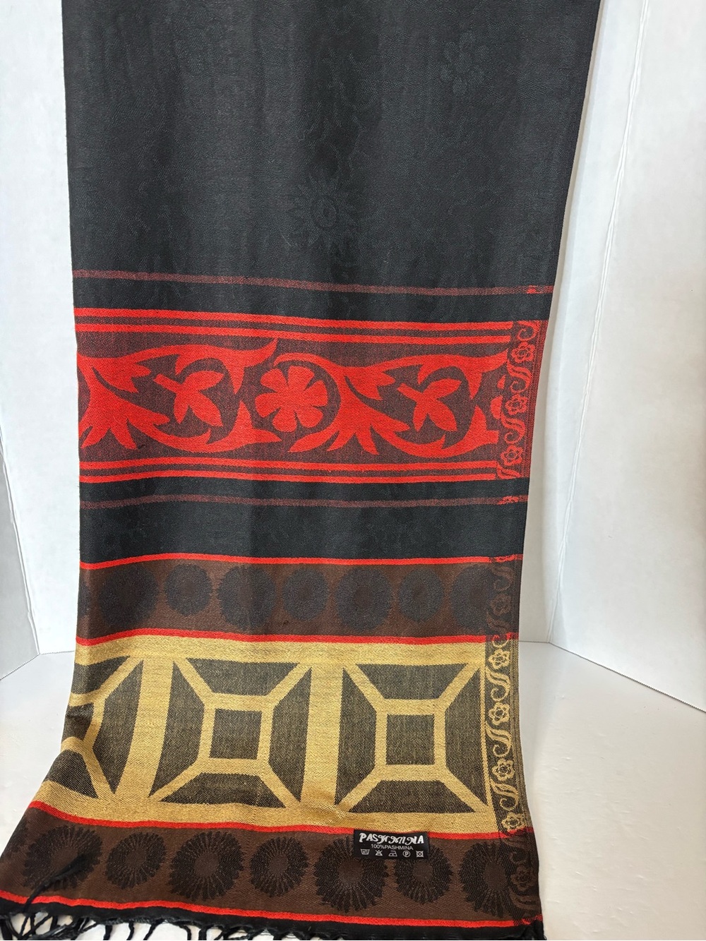 pashmina Black Red and Gold Jacquard Patterned Scarf